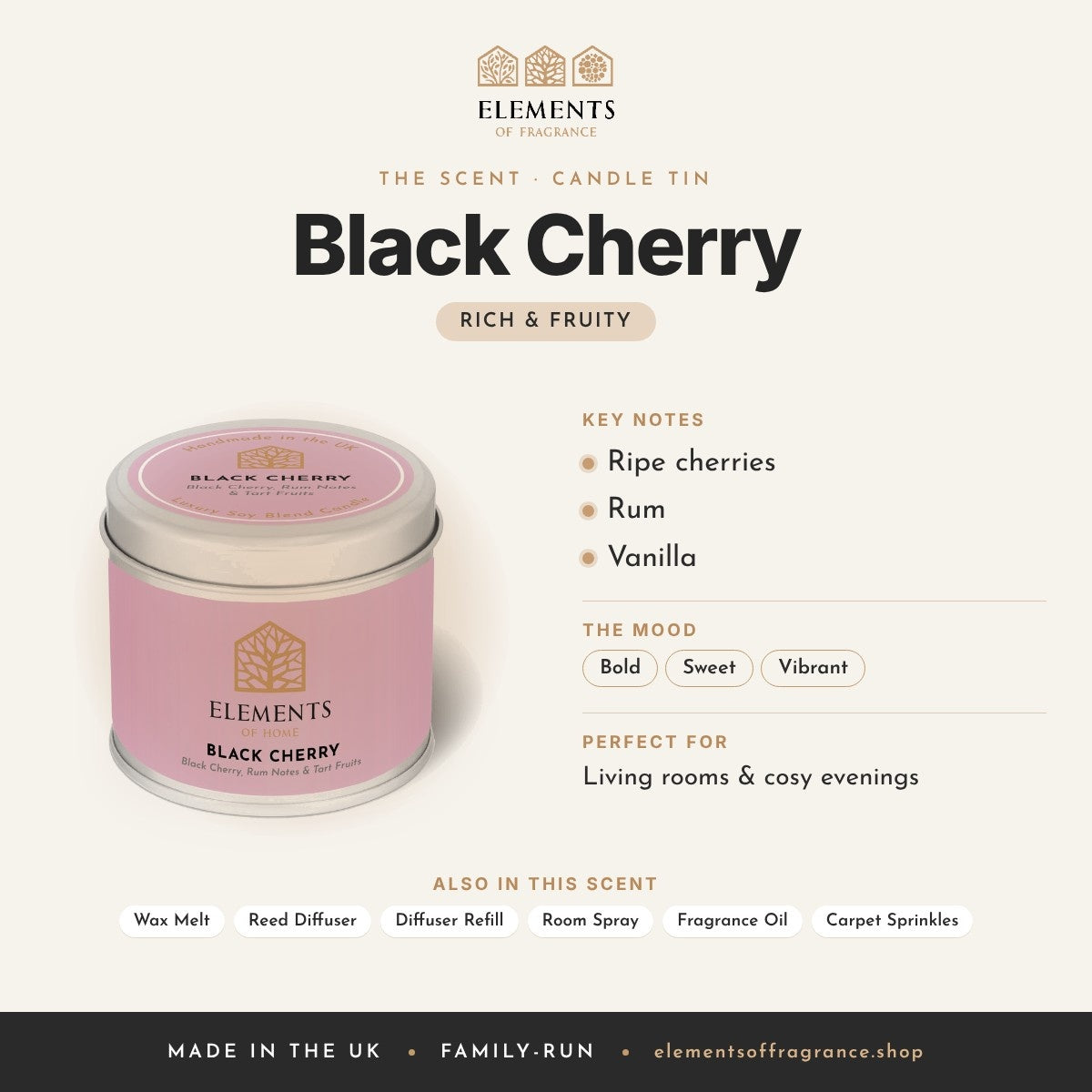 Black Cherry Candle Tin scent profile: rich & fruity with notes of ripe cherries, rum, vanilla