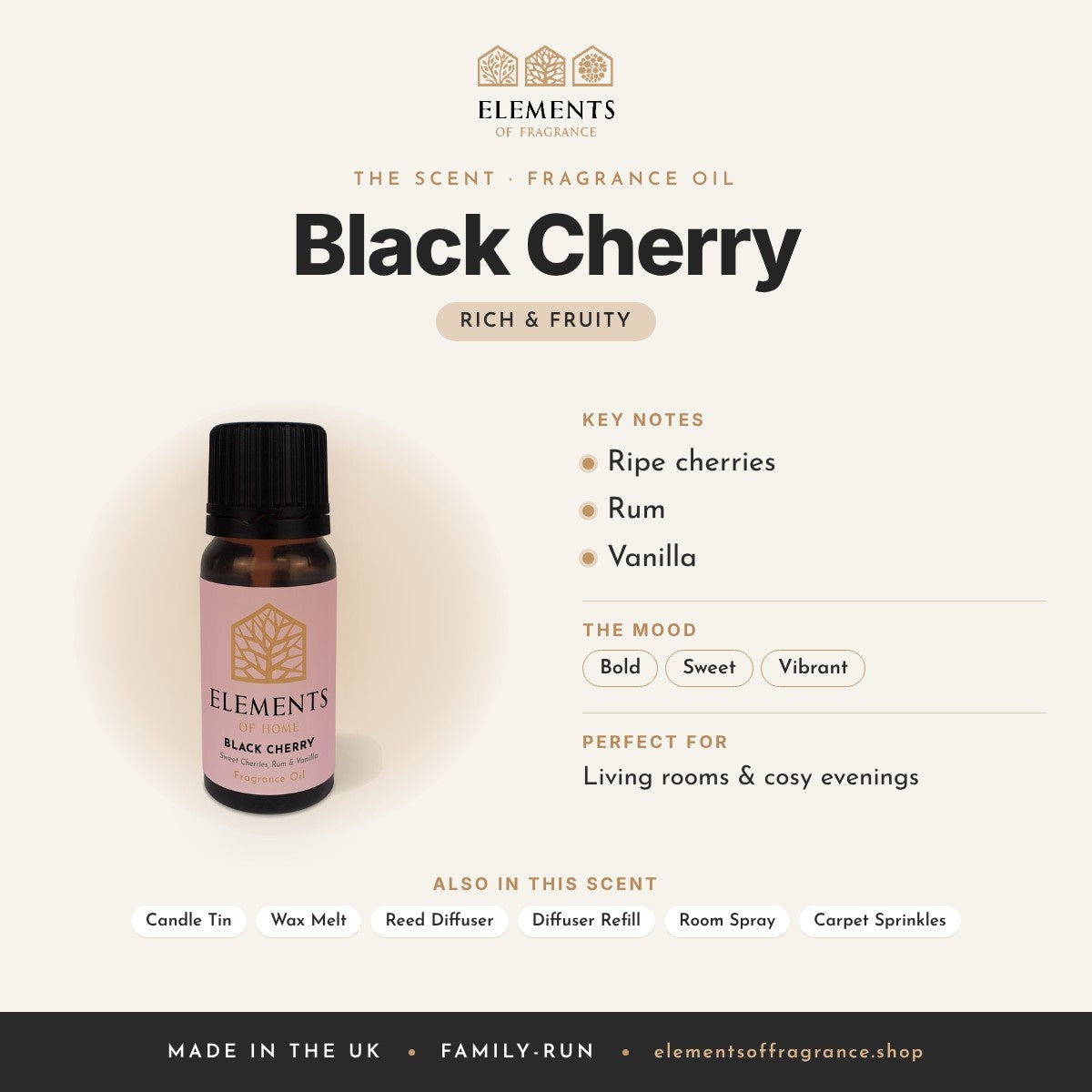 Black Cherry Fragrance Oil scent profile: rich & fruity with notes of ripe cherries, rum, vanilla