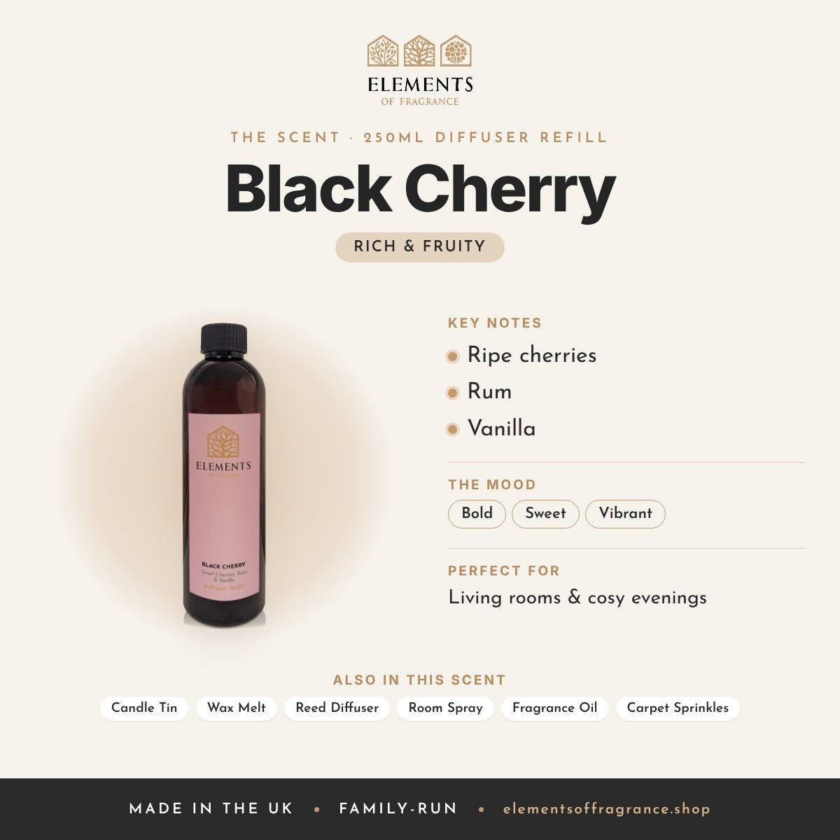 Black Cherry 250ml Diffuser Refill scent profile: rich & fruity with notes of ripe cherries, rum, vanilla