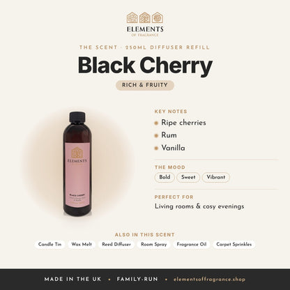 Black Cherry 250ml Diffuser Refill scent profile: rich & fruity with notes of ripe cherries, rum, vanilla