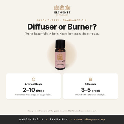Black Cherry Fragrance Oil: diffuser or burner guide, 2 to 10 drops in a diffuser, 3 to 5 drops in a burner