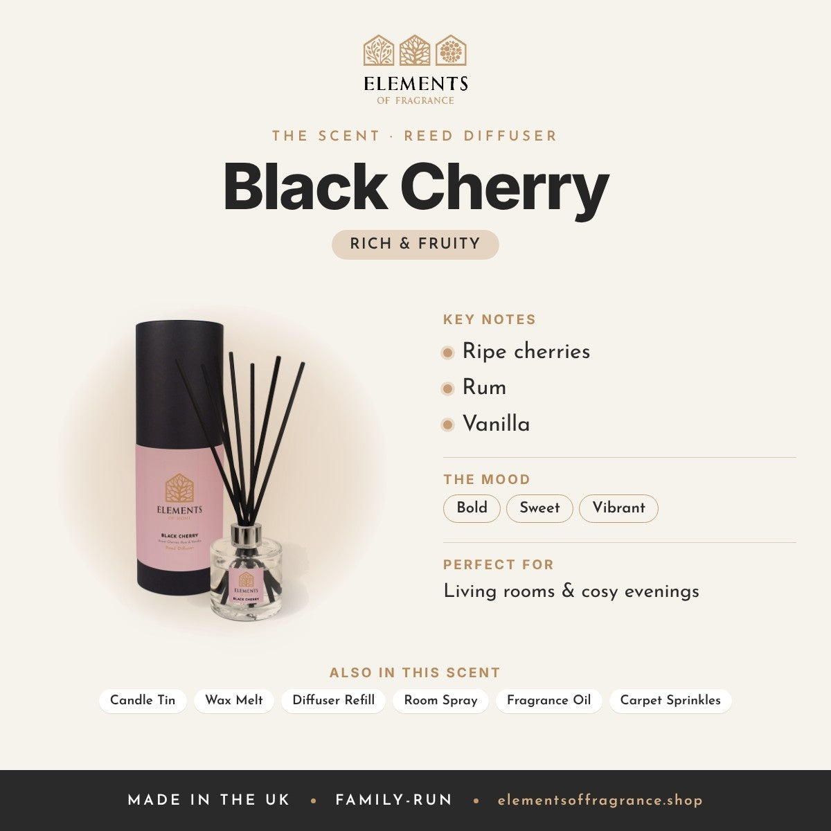 Black Cherry Reed Diffuser scent profile: rich & fruity with notes of ripe cherries, rum, vanilla