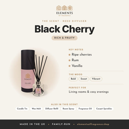 Black Cherry Reed Diffuser scent profile: rich & fruity with notes of ripe cherries, rum, vanilla