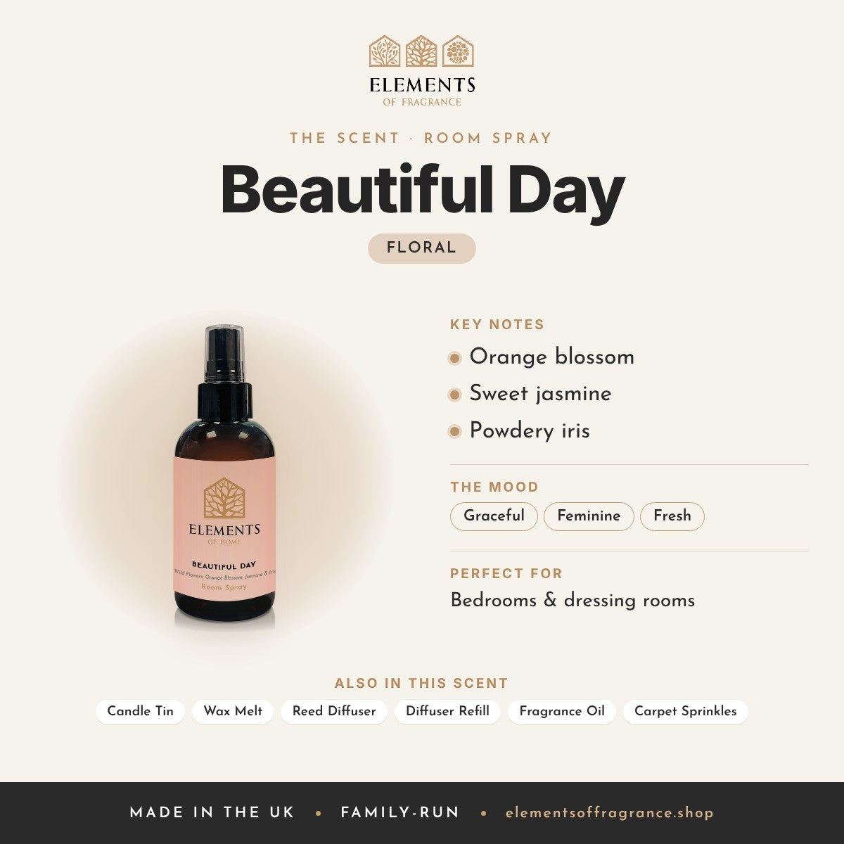 Beautiful Day Room Spray scent profile: floral with notes of orange blossom, sweet jasmine, powdery iris