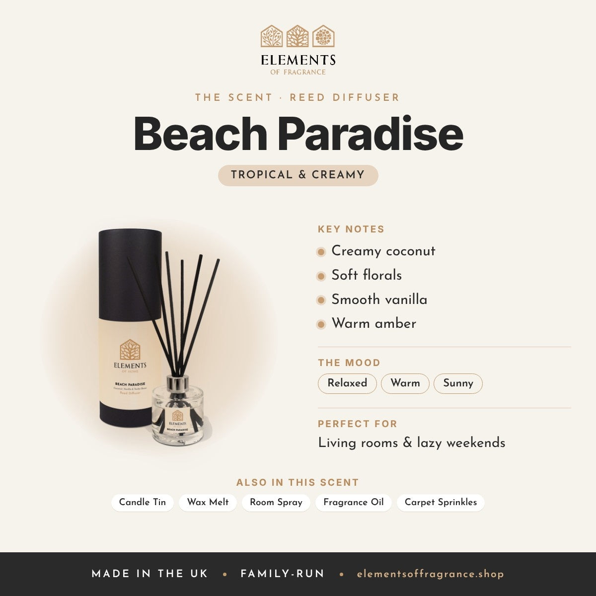 Beach Paradise Reed Diffuser scent profile: tropical & creamy with notes of creamy coconut, soft florals, smooth vanilla, warm amber