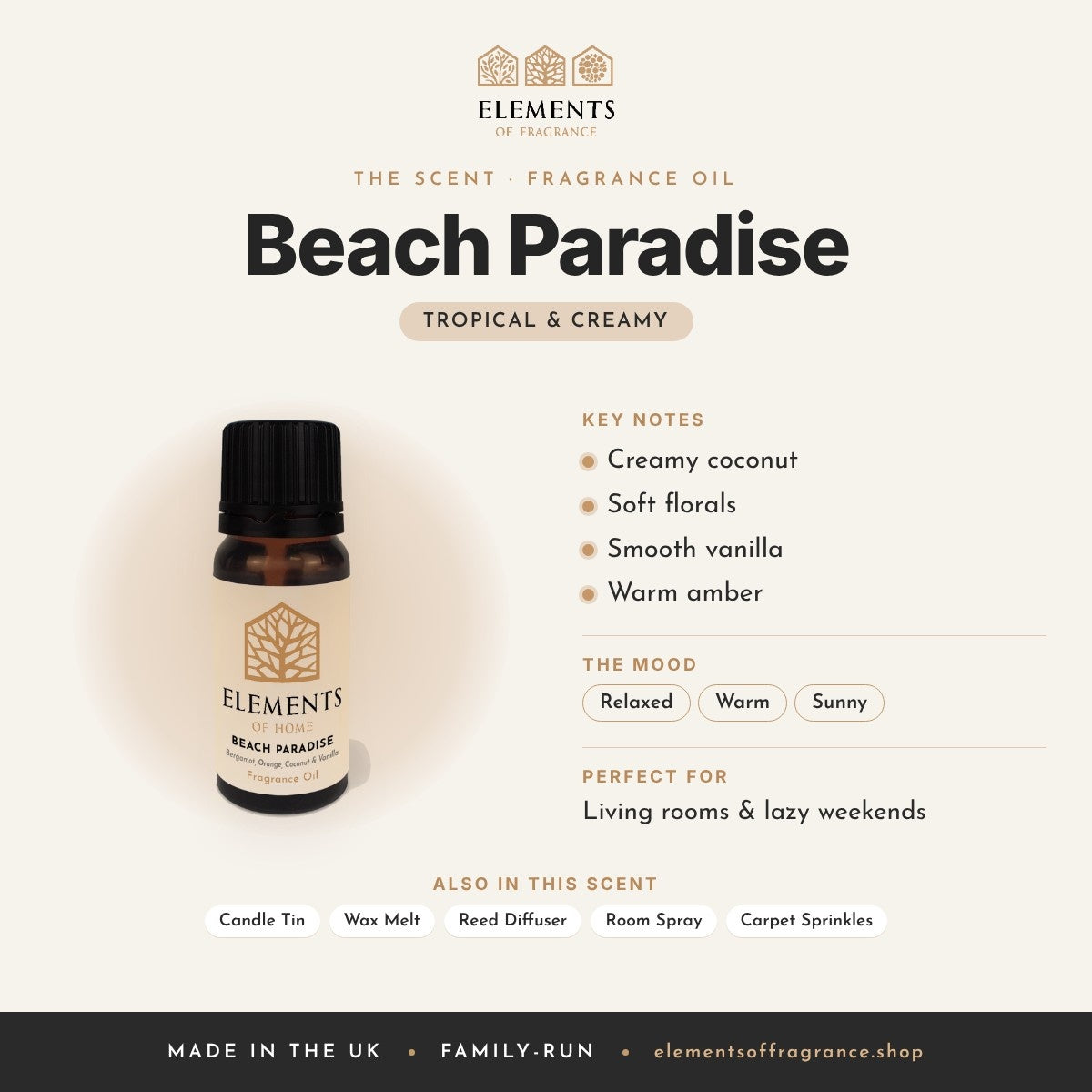 Beach Paradise Fragrance Oil scent profile: tropical & creamy with notes of creamy coconut, soft florals, smooth vanilla, warm amber