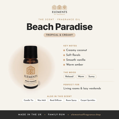 Beach Paradise Fragrance Oil scent profile: tropical & creamy with notes of creamy coconut, soft florals, smooth vanilla, warm amber