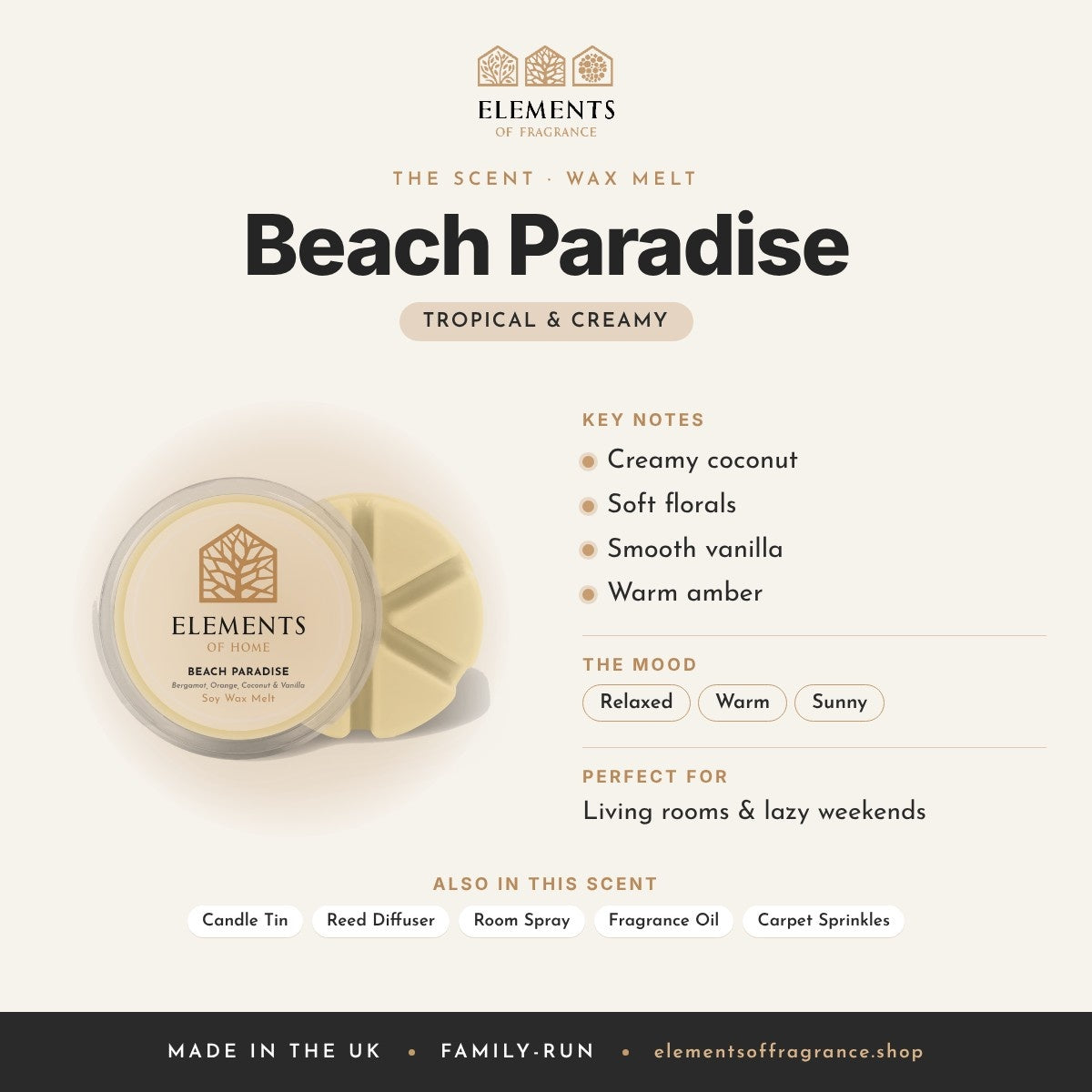 Beach Paradise Wax Melt scent profile: tropical & creamy with notes of creamy coconut, soft florals, smooth vanilla, warm amber