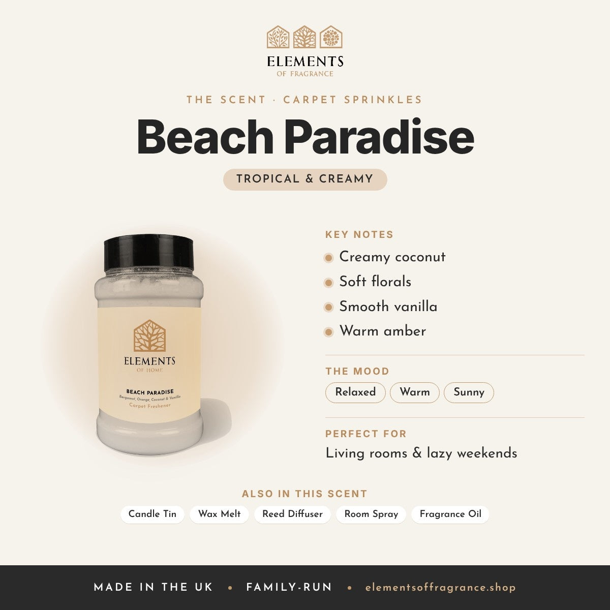 Beach Paradise Carpet Sprinkles scent profile: tropical & creamy with notes of creamy coconut, soft florals, smooth vanilla, warm amber