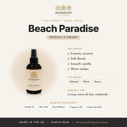 Beach Paradise Room Spray scent profile: tropical & creamy with notes of creamy coconut, soft florals, smooth vanilla, warm amber