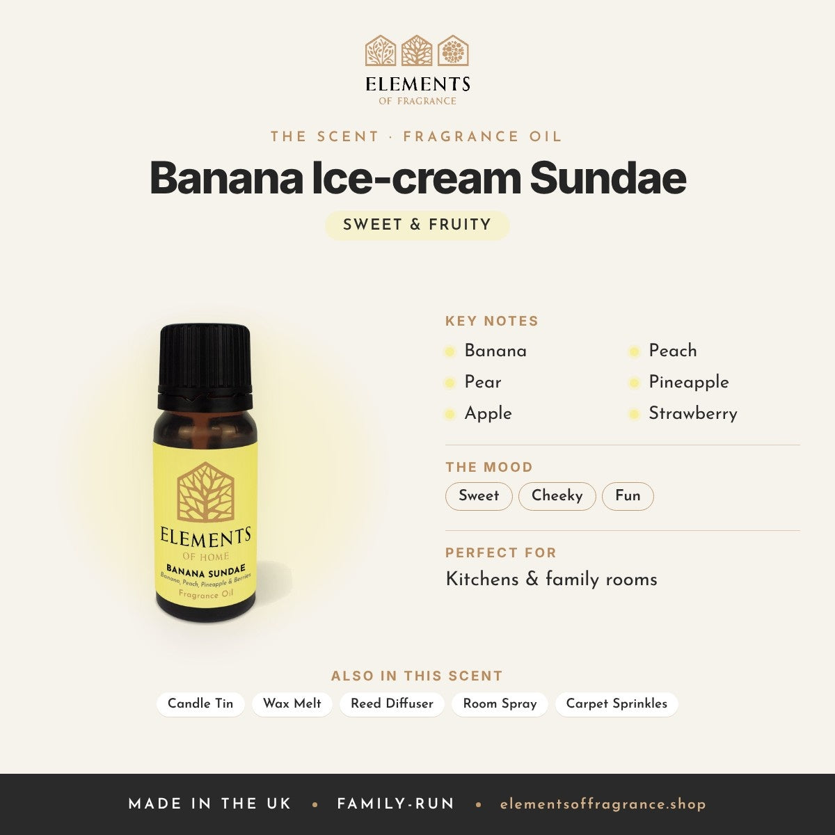 Banana Ice-cream Sundae Fragrance Oil scent profile: sweet & fruity with notes of banana, pear, apple, peach, pineapple, strawberry