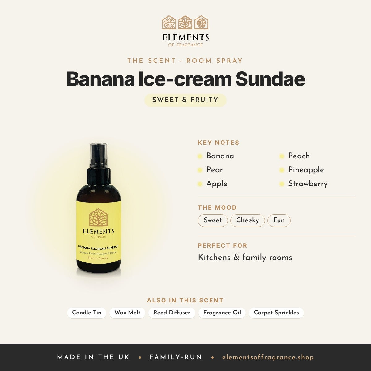 Banana Ice-cream Sundae Room Spray scent profile: sweet & fruity with notes of banana, pear, apple, peach, pineapple, strawberry
