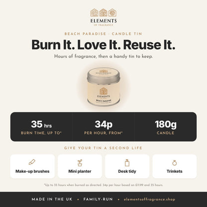 Beach Paradise Candle Tin: up to 35 hours burn time, from 34p per hour, reusable tin