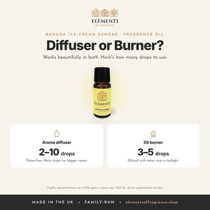 Banana Ice-cream Sundae Fragrance Oil: diffuser or burner guide, 2 to 10 drops in a diffuser, 3 to 5 drops in a burner