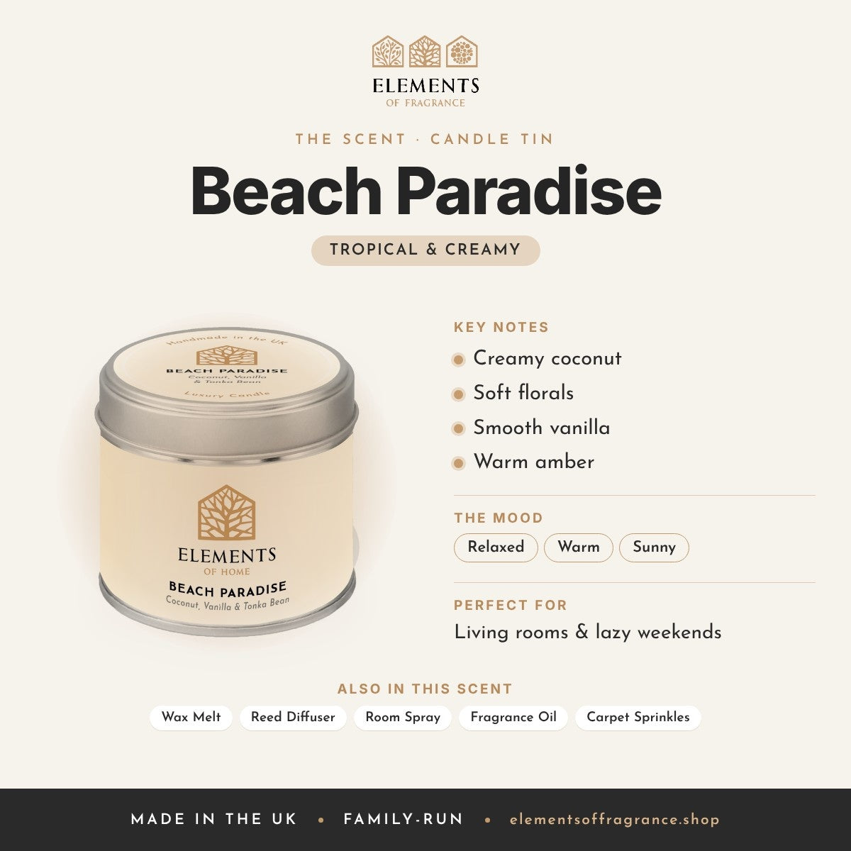 Beach Paradise Candle Tin scent profile: tropical & creamy with notes of creamy coconut, soft florals, smooth vanilla, warm amber