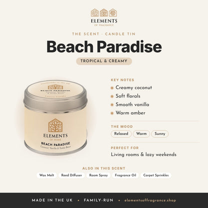 Beach Paradise Candle Tin scent profile: tropical & creamy with notes of creamy coconut, soft florals, smooth vanilla, warm amber