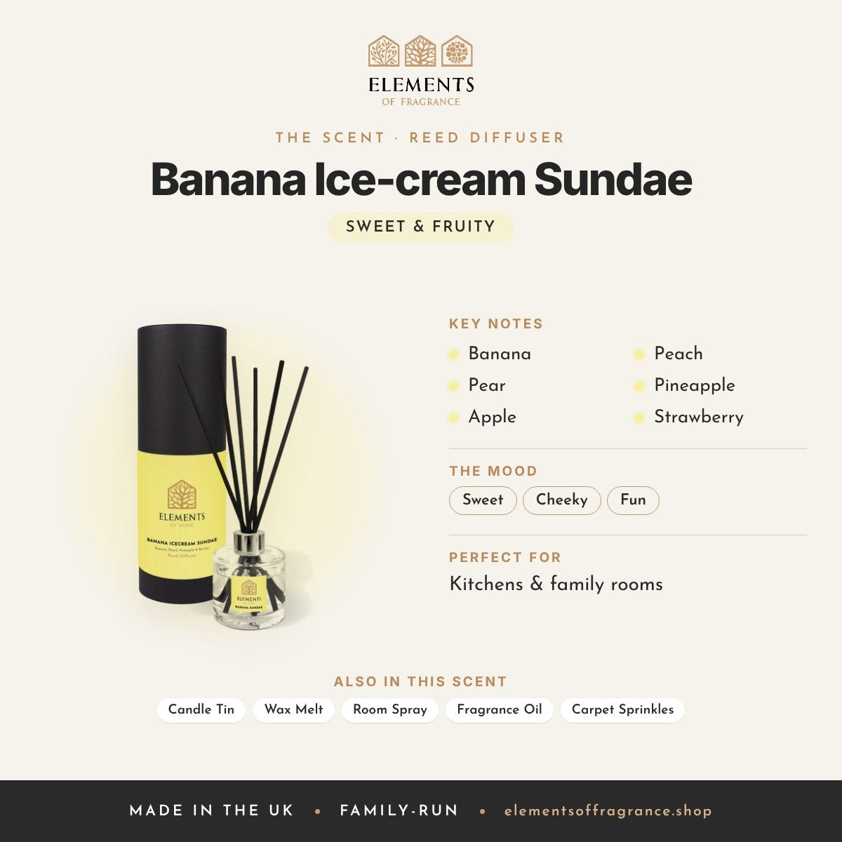 Banana Ice-cream Sundae Reed Diffuser scent profile: sweet & fruity with notes of banana, pear, apple, peach, pineapple, strawberry