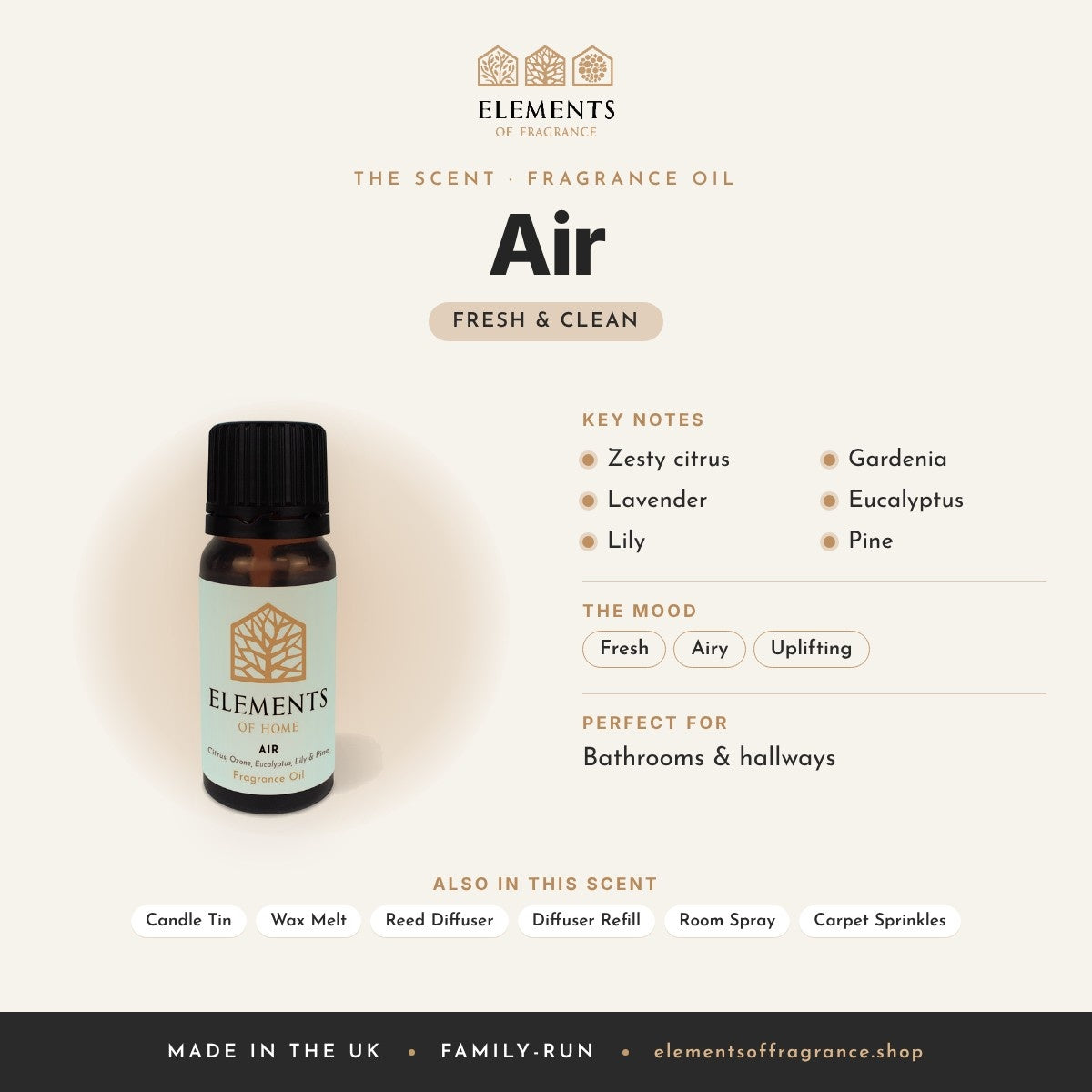 Air Fragrance Oil scent profile: fresh & clean with notes of zesty citrus, lavender, lily, gardenia, eucalyptus, pine
