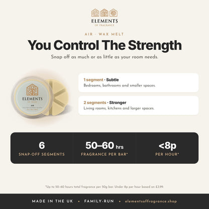 Air Wax Melt: strength guide, 1 segment for subtle, 2 for stronger, up to 50 to 60 hours per bar