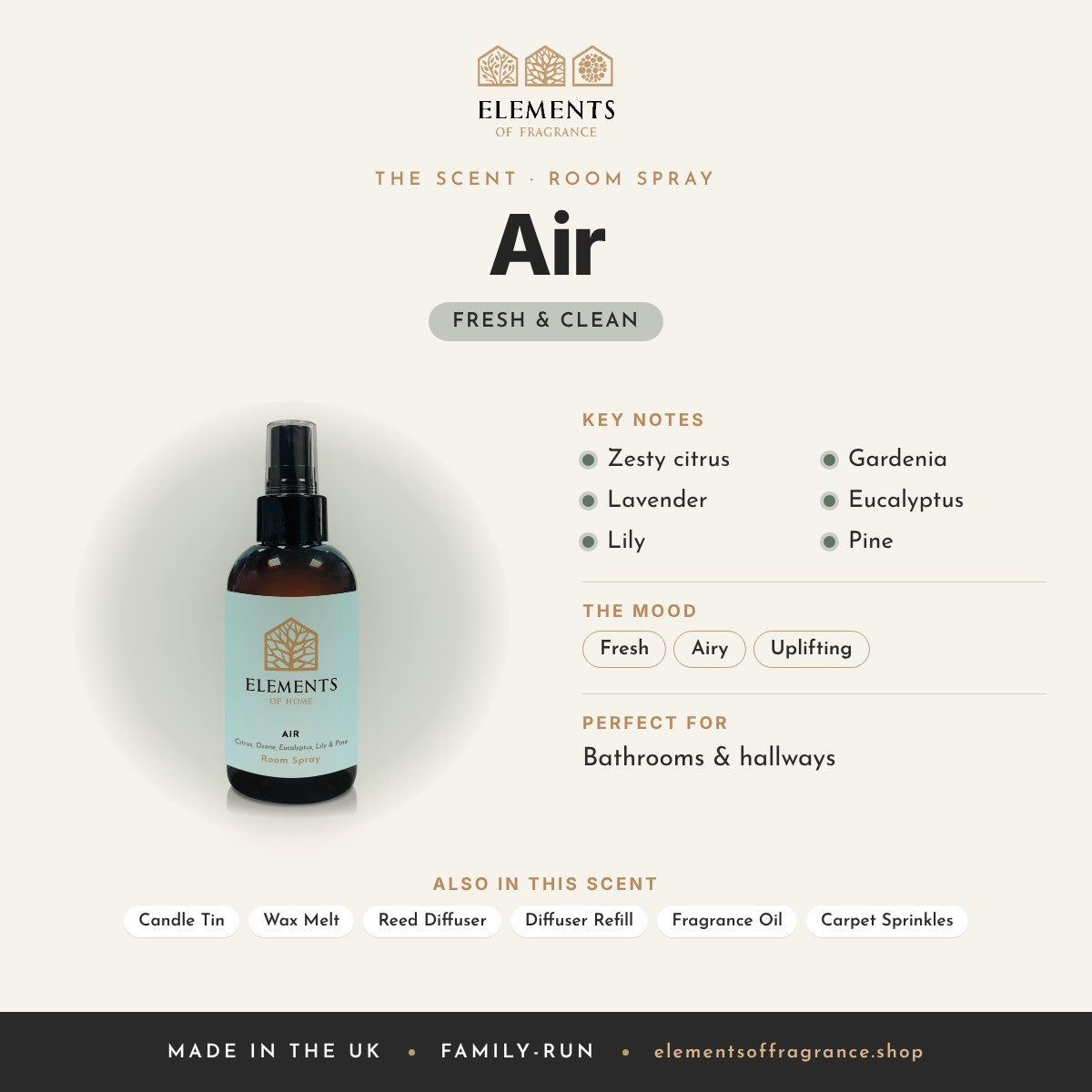 Air Room Spray scent profile: fresh & clean with notes of zesty citrus, lavender, lily, gardenia, eucalyptus, pine