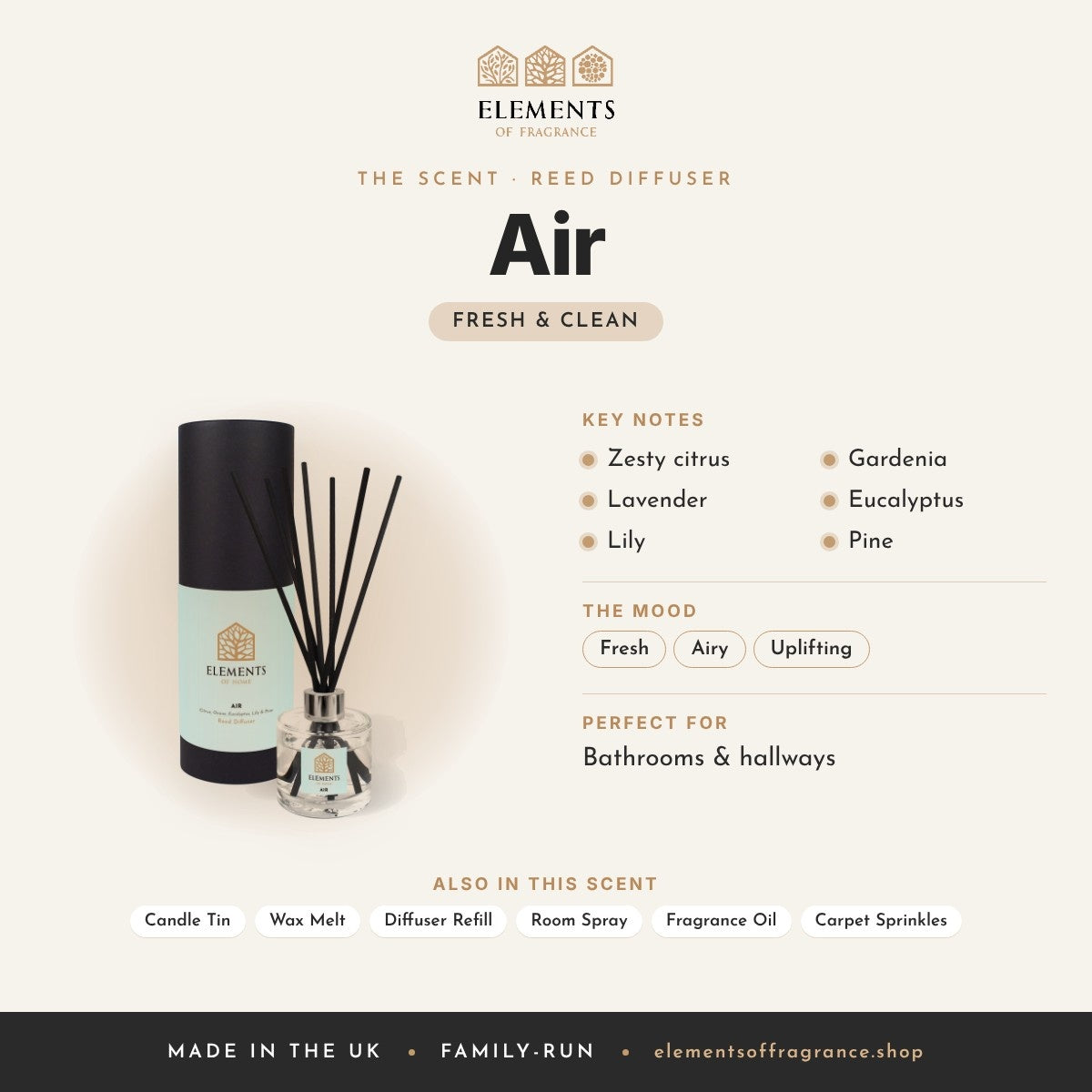 Air Reed Diffuser scent profile: fresh & clean with notes of zesty citrus, lavender, lily, gardenia, eucalyptus, pine