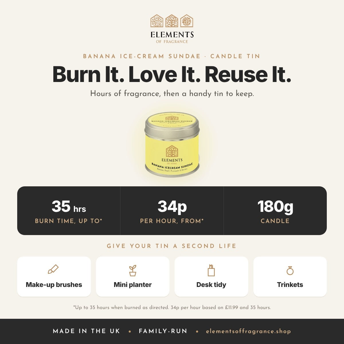 Banana Ice-cream Sundae Candle Tin: up to 35 hours burn time, from 34p per hour, reusable tin