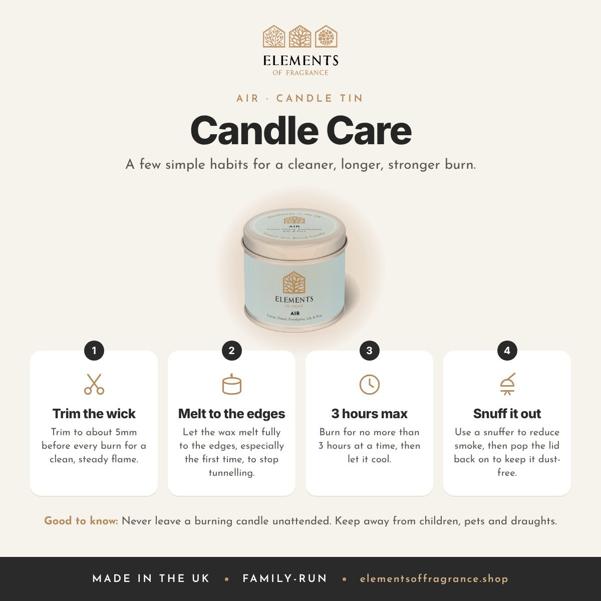 Candle care tips for the Air Candle Tin
