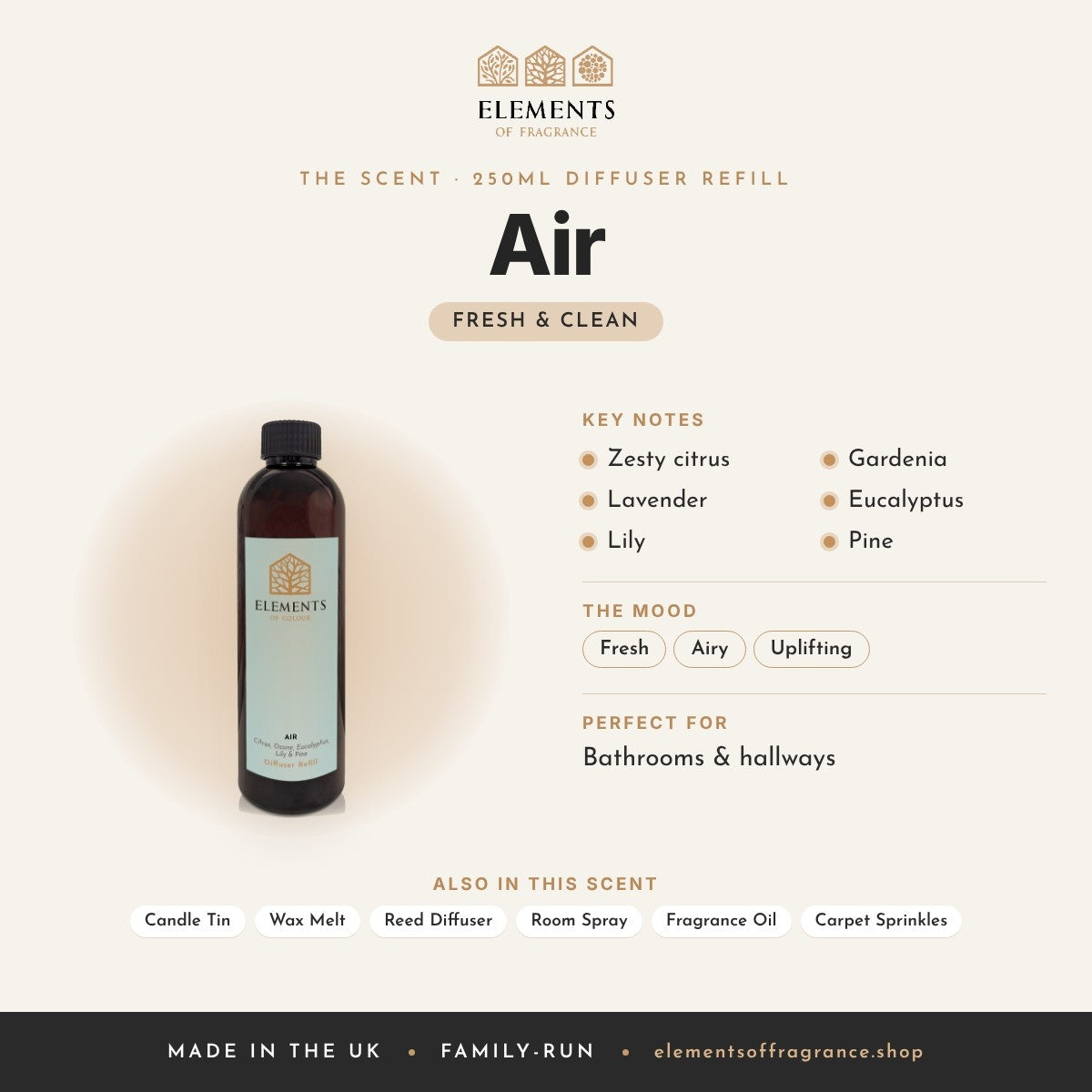 Air 250ml Diffuser Refill scent profile: fresh & clean with notes of zesty citrus, lavender, lily, gardenia, eucalyptus, pine
