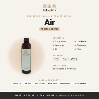 Air 250ml Diffuser Refill scent profile: fresh & clean with notes of zesty citrus, lavender, lily, gardenia, eucalyptus, pine