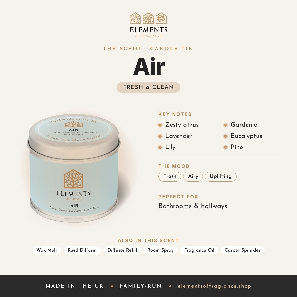 Air Candle Tin scent profile: fresh & clean with notes of zesty citrus, lavender, lily, gardenia, eucalyptus, pine