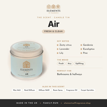 Air Candle Tin scent profile: fresh & clean with notes of zesty citrus, lavender, lily, gardenia, eucalyptus, pine