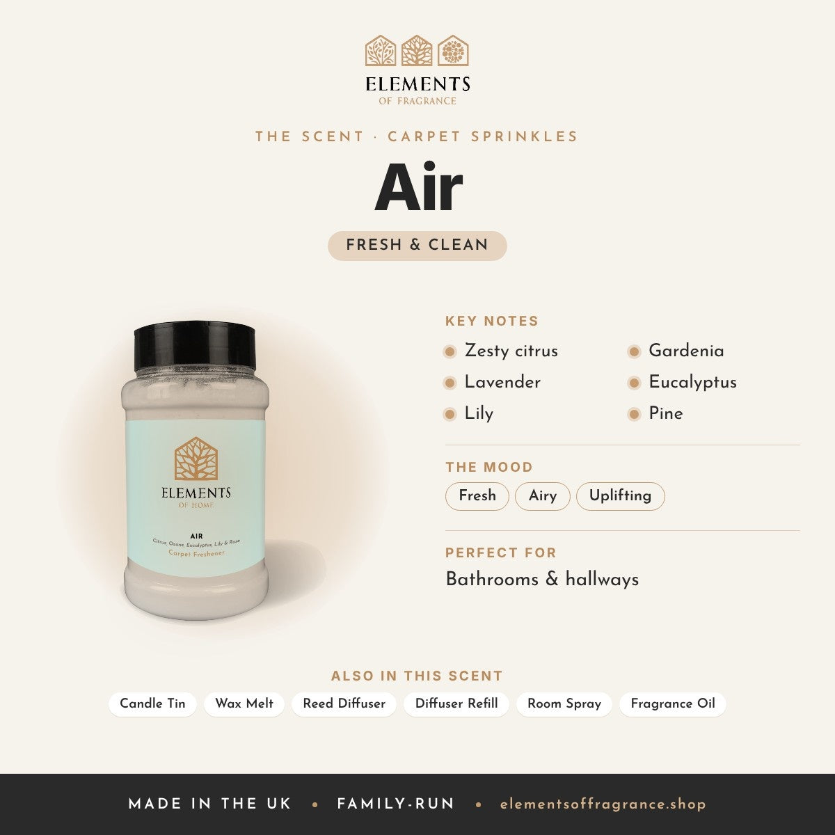 Air Carpet Sprinkles scent profile: fresh & clean with notes of zesty citrus, lavender, lily, gardenia, eucalyptus, pine
