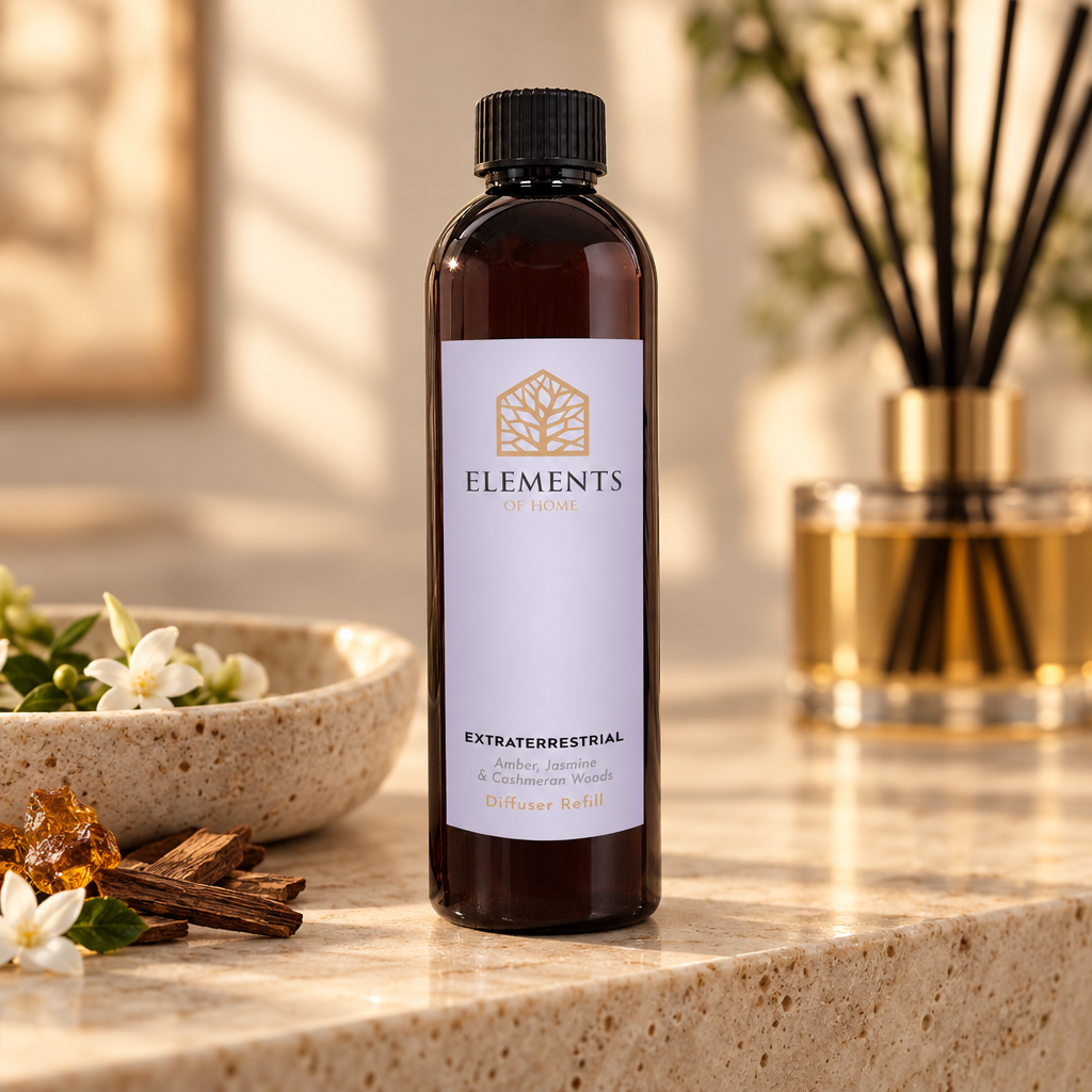 Extraterrestrial reed diffuser refill bottle beside a reed diffuser – Elements of Fragrance
