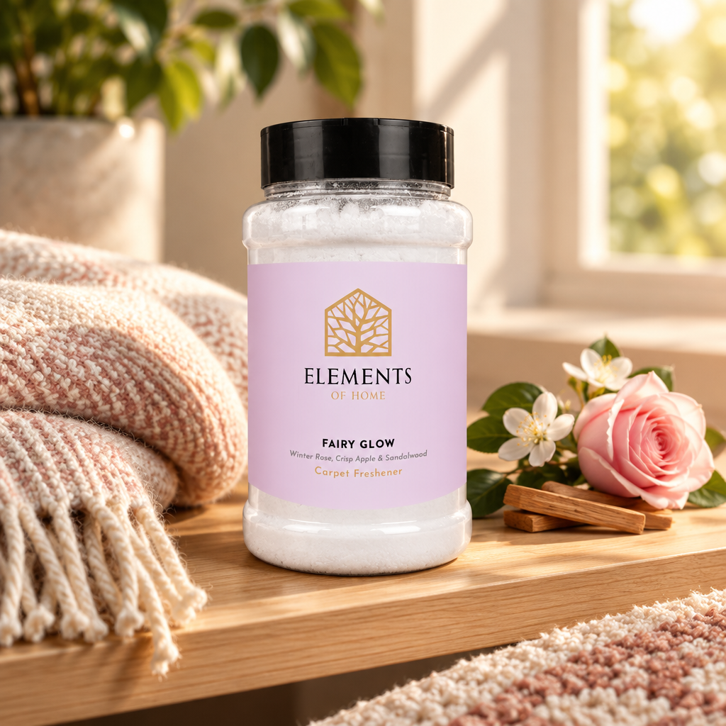 Fairy Glow scented carpet sprinkles shaker tub on a wooden shelf with cosy throws – Elements of Fragrance