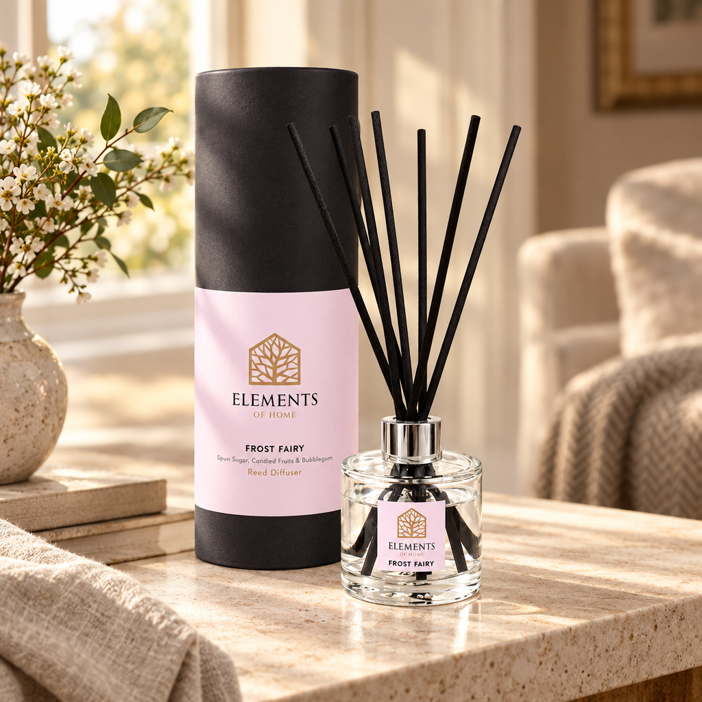 Frost Fairy 100ml reed diffuser with black reeds styled in a sunlit living room – Elements of Fragrance