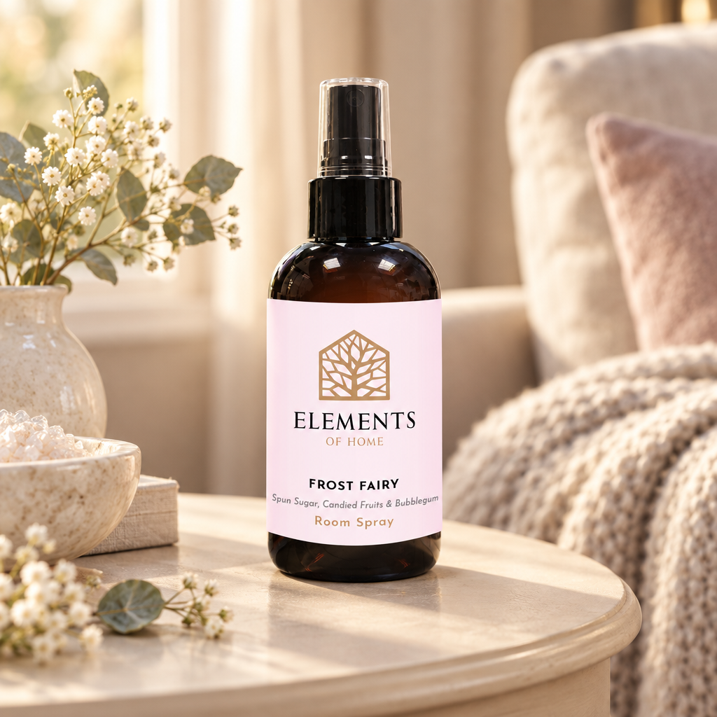 Frost Fairy room spray on a side table in a sunlit living room – Elements of Fragrance