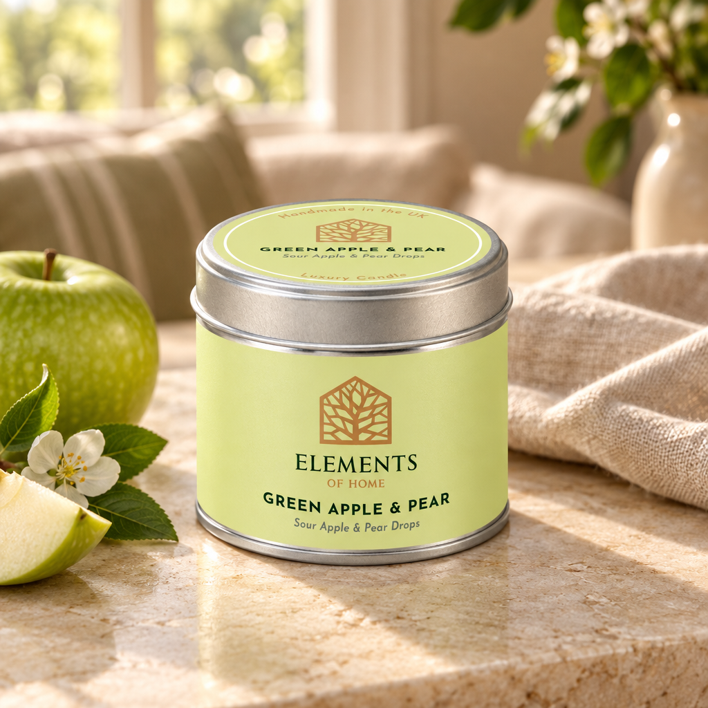 Green Apple & Pear scented candle in a 180g tin styled with fresh ingredients – Elements of Fragrance