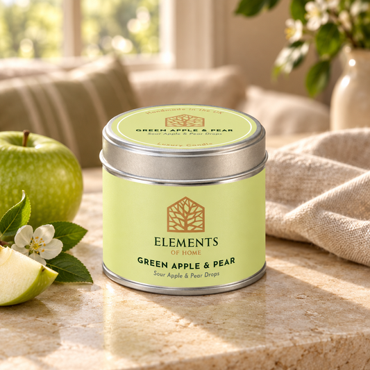 Green Apple & Pear scented candle in a 180g tin styled with fresh ingredients – Elements of Fragrance