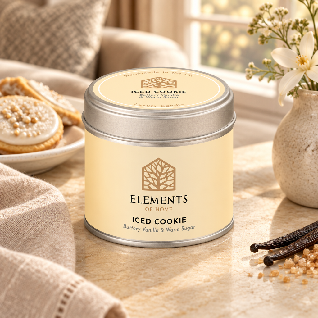 Iced Cookie scented candle in a 180g tin styled with fresh ingredients – Elements of Fragrance