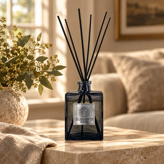 Igneous 200ml luxury reed diffuser in a black glass bottle styled in a sunlit living room – Elements of Fragrance