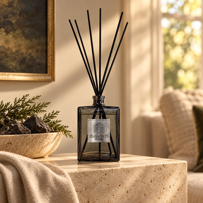 Igneous 500ml luxury reed diffuser in a black glass bottle styled in a sunlit living room – Elements of Fragrance