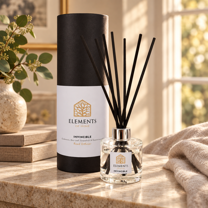 Invincible 100ml reed diffuser with black reeds styled in a sunlit living room – Elements of Fragrance