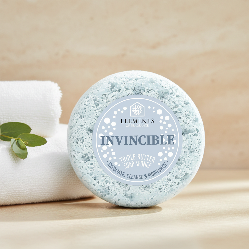 Invincible triple butter soap sponge on a bathroom shelf with white towels – Elements of Fragrance
