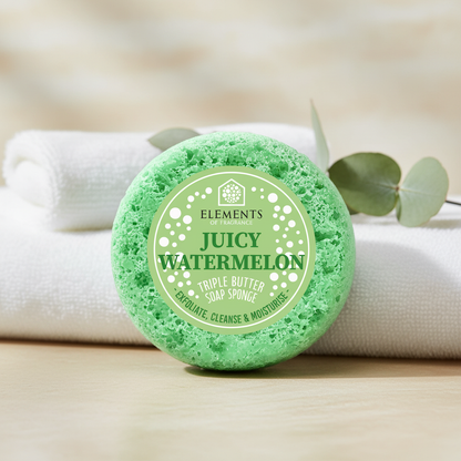 Juicy Watermelon triple butter soap sponge on a bathroom shelf with white towels – Elements of Fragrance