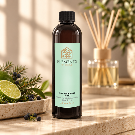 Juniper & Lime reed diffuser refill bottle beside a reed diffuser – Elements of Fragrance