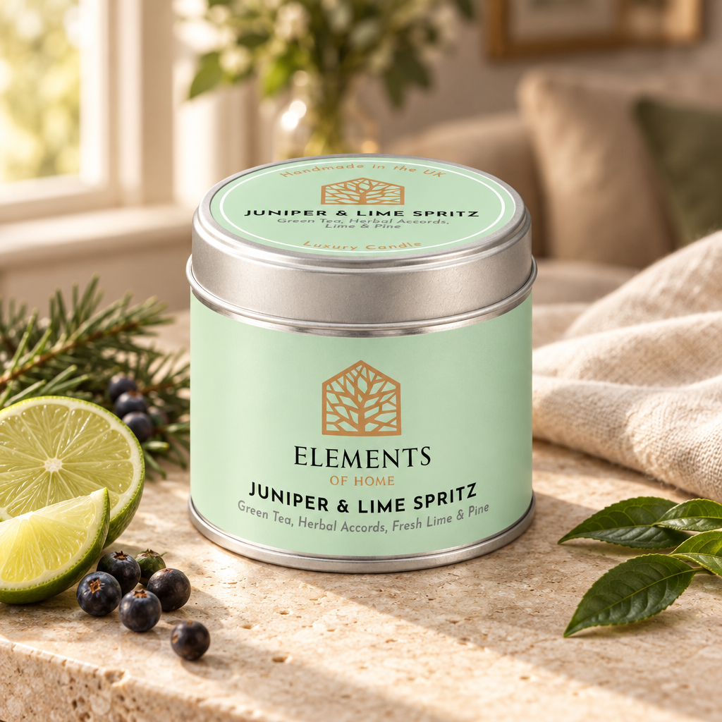 Juniper & Lime Spritz scented candle in a 180g tin styled with fresh ingredients – Elements of Fragrance