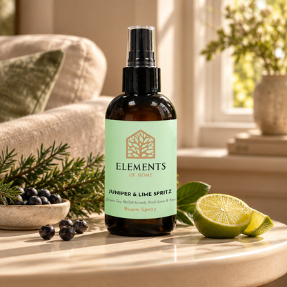 Juniper & Lime Spritz room spray on a side table in a sunlit living room – Elements of Fragrance