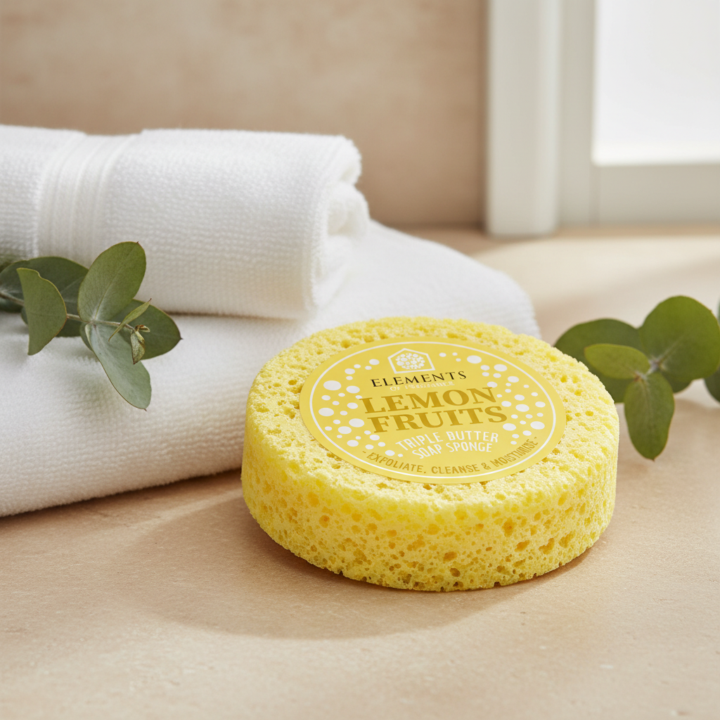 Lemon Fruits triple butter soap sponge on a bathroom shelf with white towels – Elements of Fragrance
