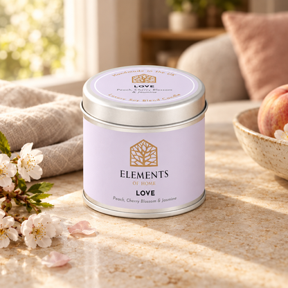 Love scented candle in a 180g tin styled with fresh ingredients – Elements of Fragrance
