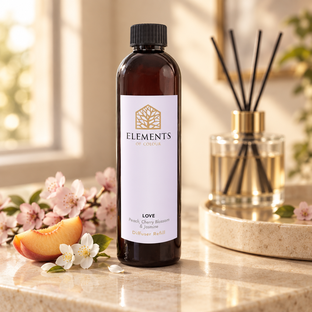 Love reed diffuser refill bottle beside a reed diffuser – Elements of Fragrance